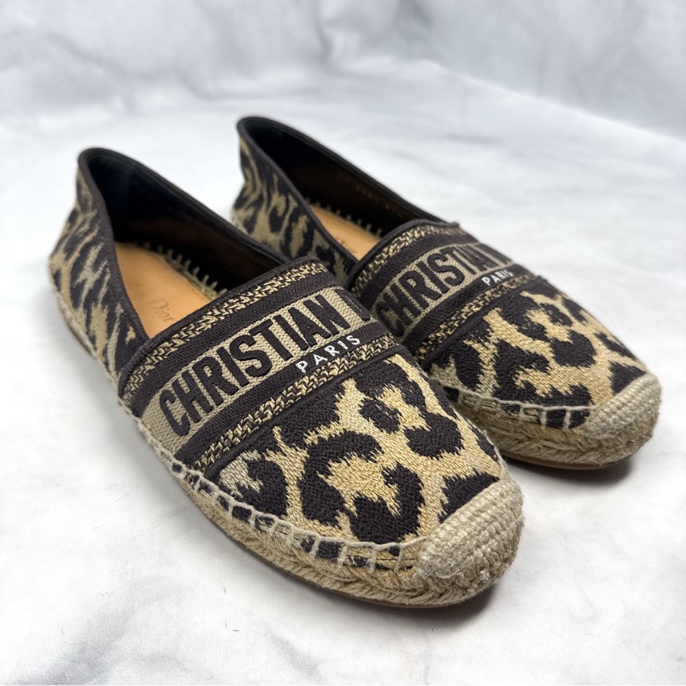 Christian Dior Granville Leopard Jacquard Logo Flat Espadrille Sandal Shoes 37.5
